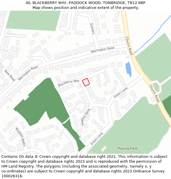 40, BLACKBERRY WAY, PADDOCK WOOD, TONBRIDGE, TN12 6BP: Location map and indicative extent of plot