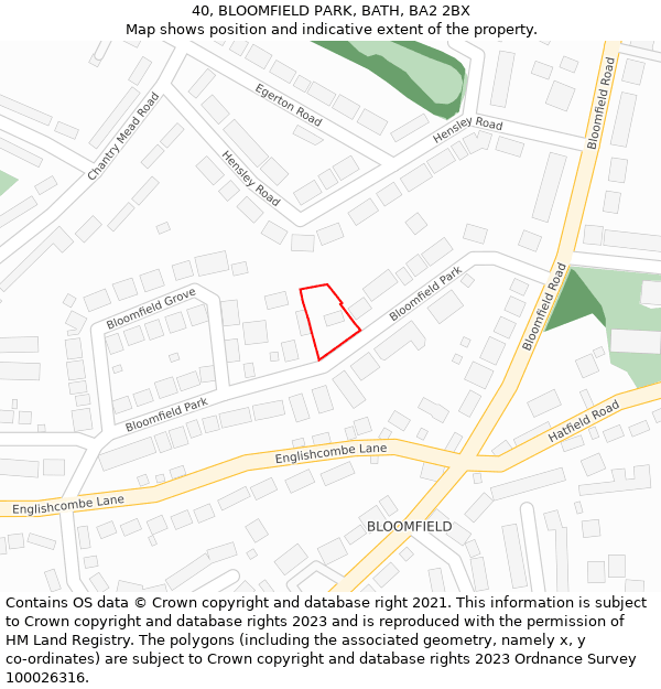 40, BLOOMFIELD PARK, BATH, BA2 2BX: Location map and indicative extent of plot