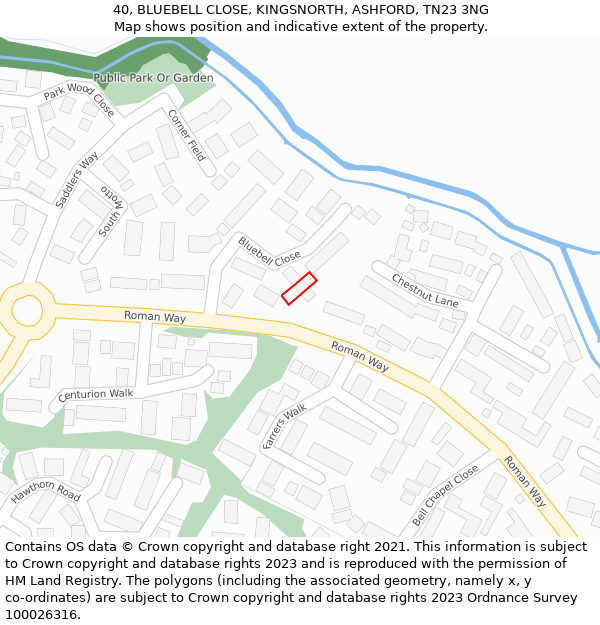 40, BLUEBELL CLOSE, KINGSNORTH, ASHFORD, TN23 3NG: Location map and indicative extent of plot