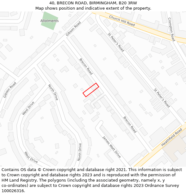 40, BRECON ROAD, BIRMINGHAM, B20 3RW: Location map and indicative extent of plot