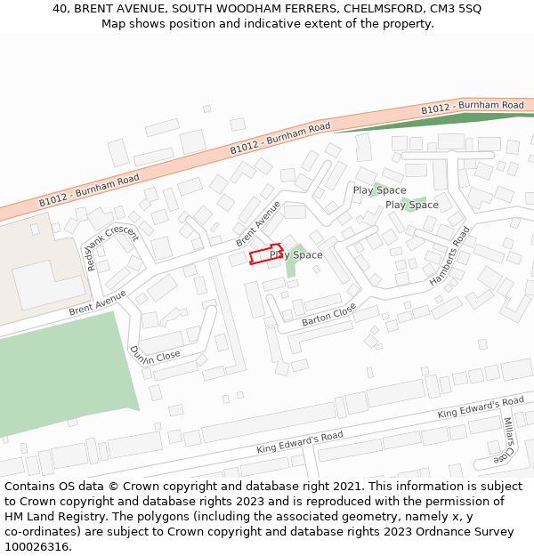 40, BRENT AVENUE, SOUTH WOODHAM FERRERS, CHELMSFORD, CM3 5SQ: Location map and indicative extent of plot