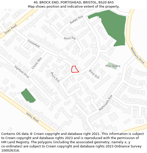 40, BROCK END, PORTISHEAD, BRISTOL, BS20 8AS: Location map and indicative extent of plot