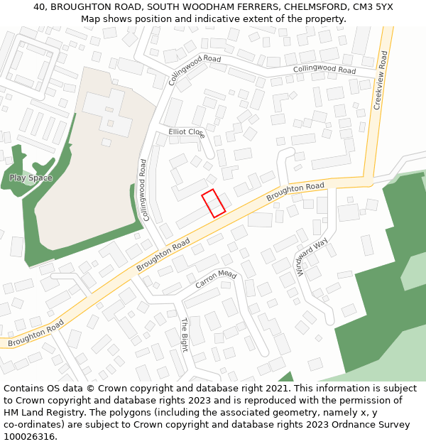 40, BROUGHTON ROAD, SOUTH WOODHAM FERRERS, CHELMSFORD, CM3 5YX: Location map and indicative extent of plot