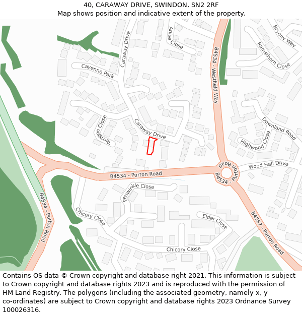 40, CARAWAY DRIVE, SWINDON, SN2 2RF: Location map and indicative extent of plot