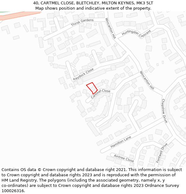 40, CARTMEL CLOSE, BLETCHLEY, MILTON KEYNES, MK3 5LT: Location map and indicative extent of plot