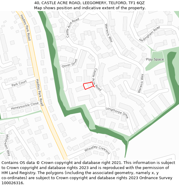 40, CASTLE ACRE ROAD, LEEGOMERY, TELFORD, TF1 6QZ: Location map and indicative extent of plot
