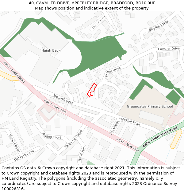 40, CAVALIER DRIVE, APPERLEY BRIDGE, BRADFORD, BD10 0UF: Location map and indicative extent of plot