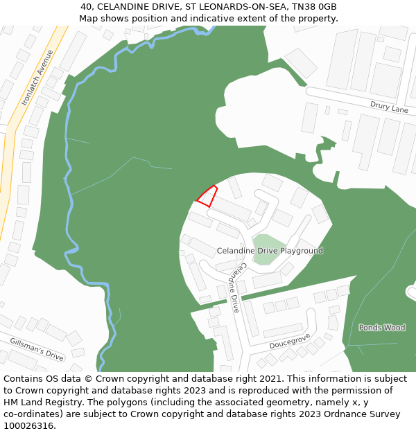 40, CELANDINE DRIVE, ST LEONARDS-ON-SEA, TN38 0GB: Location map and indicative extent of plot