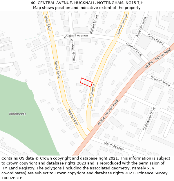 40, CENTRAL AVENUE, HUCKNALL, NOTTINGHAM, NG15 7JH: Location map and indicative extent of plot