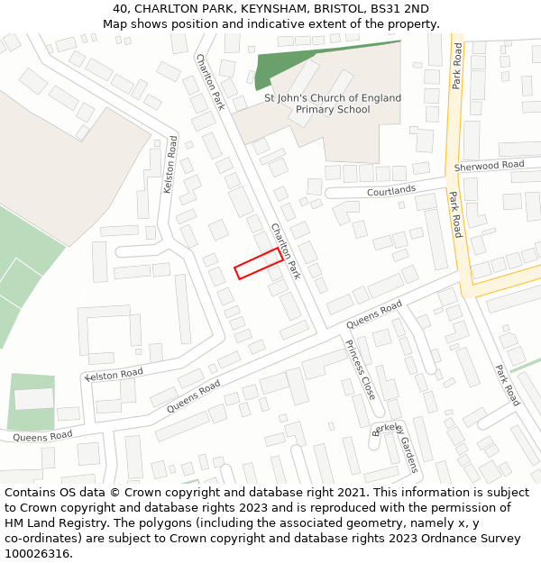 40, CHARLTON PARK, KEYNSHAM, BRISTOL, BS31 2ND: Location map and indicative extent of plot