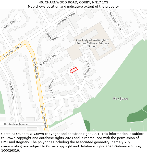 40, CHARNWOOD ROAD, CORBY, NN17 1XS: Location map and indicative extent of plot