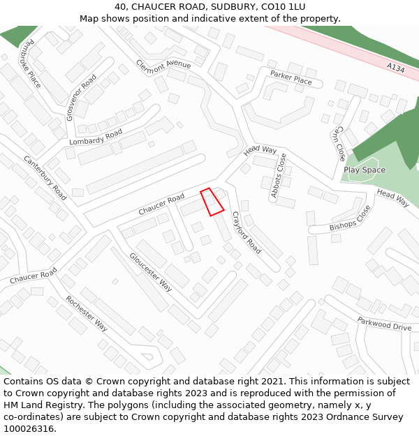 40, CHAUCER ROAD, SUDBURY, CO10 1LU: Location map and indicative extent of plot