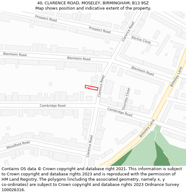 40, CLARENCE ROAD, MOSELEY, BIRMINGHAM, B13 9SZ: Location map and indicative extent of plot