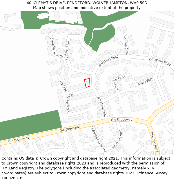 40, CLEMATIS DRIVE, PENDEFORD, WOLVERHAMPTON, WV9 5SD: Location map and indicative extent of plot