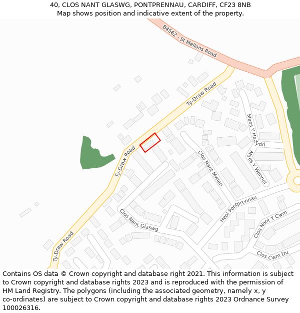 40, CLOS NANT GLASWG, PONTPRENNAU, CARDIFF, CF23 8NB: Location map and indicative extent of plot