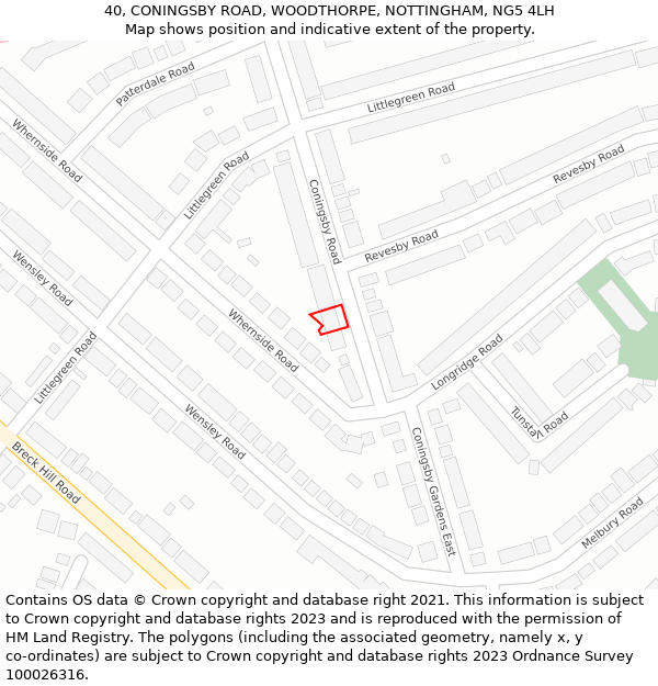 40, CONINGSBY ROAD, WOODTHORPE, NOTTINGHAM, NG5 4LH: Location map and indicative extent of plot