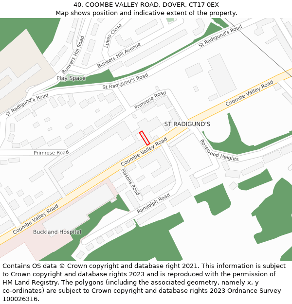 40, COOMBE VALLEY ROAD, DOVER, CT17 0EX: Location map and indicative extent of plot