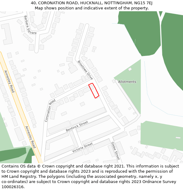 40, CORONATION ROAD, HUCKNALL, NOTTINGHAM, NG15 7EJ: Location map and indicative extent of plot