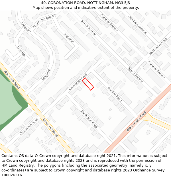 40, CORONATION ROAD, NOTTINGHAM, NG3 5JS: Location map and indicative extent of plot