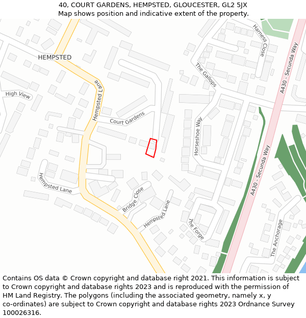 40, COURT GARDENS, HEMPSTED, GLOUCESTER, GL2 5JX: Location map and indicative extent of plot