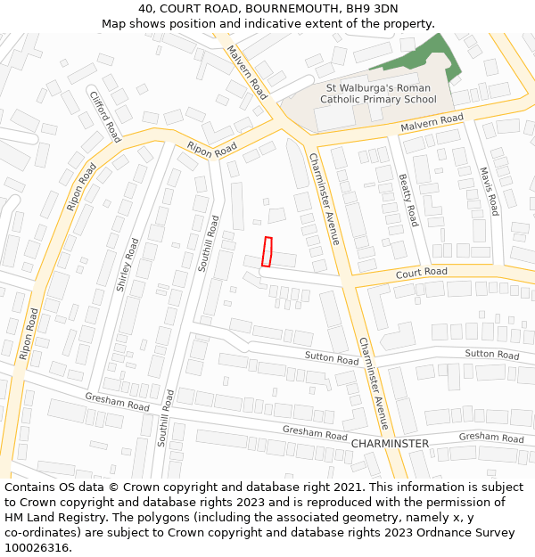 40, COURT ROAD, BOURNEMOUTH, BH9 3DN: Location map and indicative extent of plot