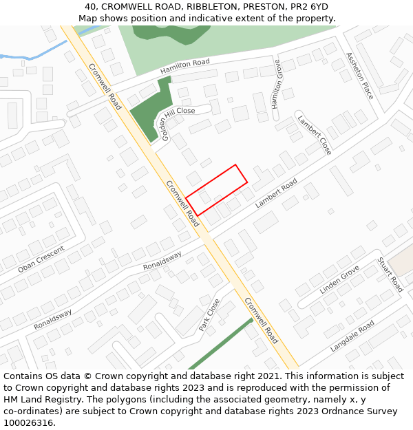 40, CROMWELL ROAD, RIBBLETON, PRESTON, PR2 6YD: Location map and indicative extent of plot