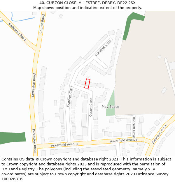 40, CURZON CLOSE, ALLESTREE, DERBY, DE22 2SX: Location map and indicative extent of plot