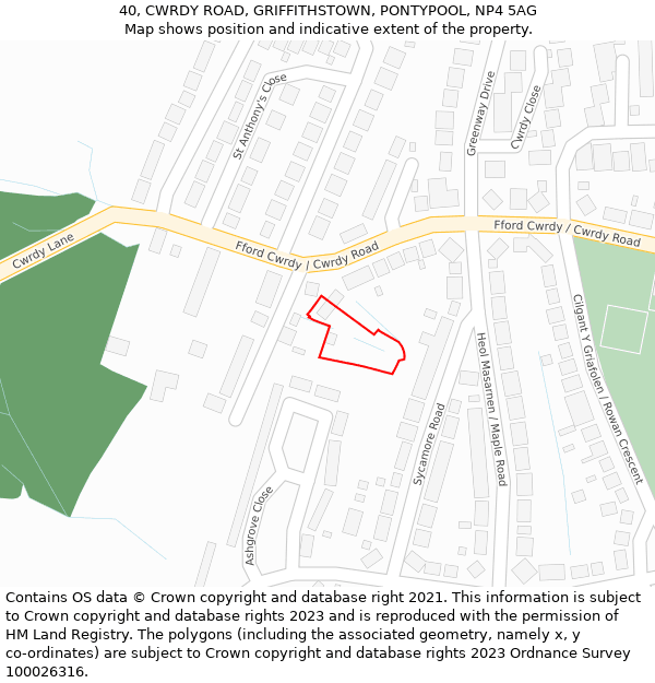 40, CWRDY ROAD, GRIFFITHSTOWN, PONTYPOOL, NP4 5AG: Location map and indicative extent of plot
