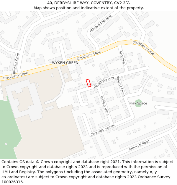 40, DERBYSHIRE WAY, COVENTRY, CV2 3FA: Location map and indicative extent of plot