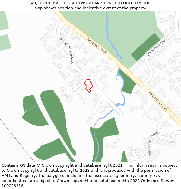40, DONNERVILLE GARDENS, ADMASTON, TELFORD, TF5 0DE: Location map and indicative extent of plot