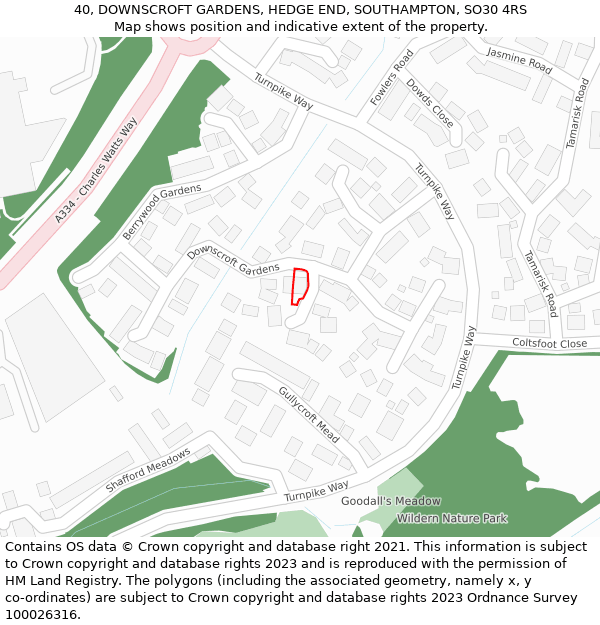 40, DOWNSCROFT GARDENS, HEDGE END, SOUTHAMPTON, SO30 4RS: Location map and indicative extent of plot