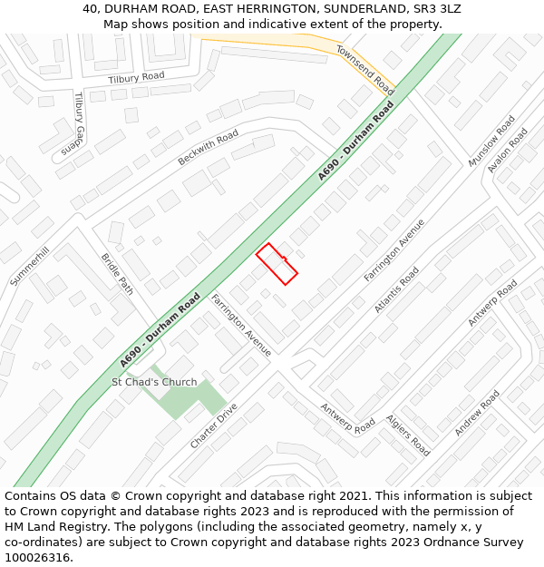 40, DURHAM ROAD, EAST HERRINGTON, SUNDERLAND, SR3 3LZ: Location map and indicative extent of plot