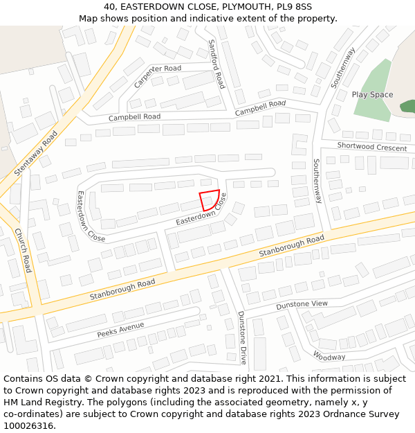 40, EASTERDOWN CLOSE, PLYMOUTH, PL9 8SS: Location map and indicative extent of plot