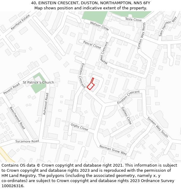 40, EINSTEIN CRESCENT, DUSTON, NORTHAMPTON, NN5 6FY: Location map and indicative extent of plot