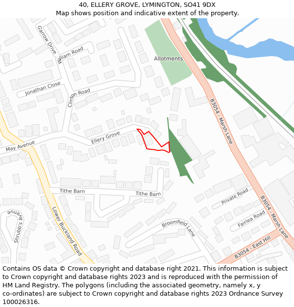 40, ELLERY GROVE, LYMINGTON, SO41 9DX: Location map and indicative extent of plot