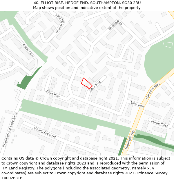 40, ELLIOT RISE, HEDGE END, SOUTHAMPTON, SO30 2RU: Location map and indicative extent of plot