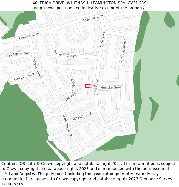 40, ERICA DRIVE, WHITNASH, LEAMINGTON SPA, CV31 2RS: Location map and indicative extent of plot