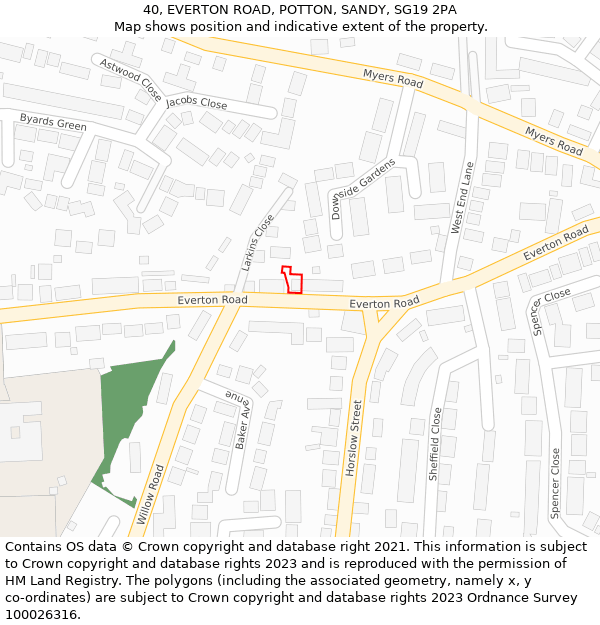 40, EVERTON ROAD, POTTON, SANDY, SG19 2PA: Location map and indicative extent of plot