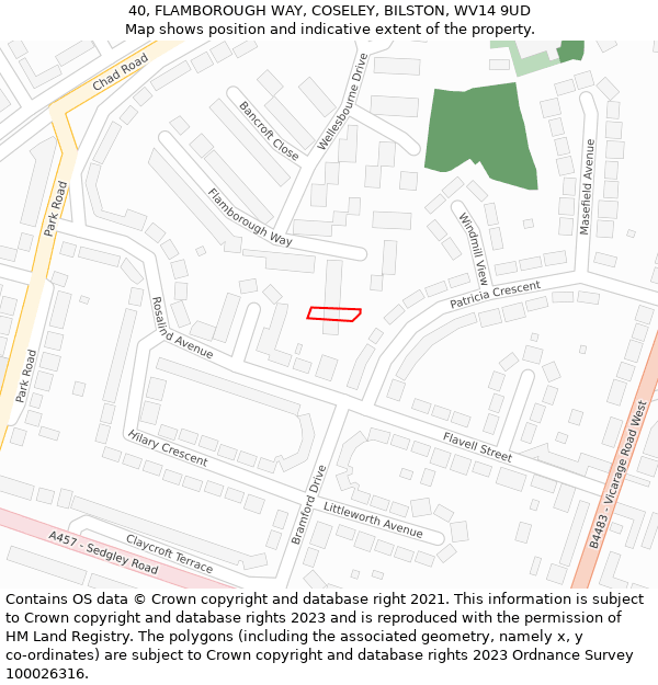 40, FLAMBOROUGH WAY, COSELEY, BILSTON, WV14 9UD: Location map and indicative extent of plot