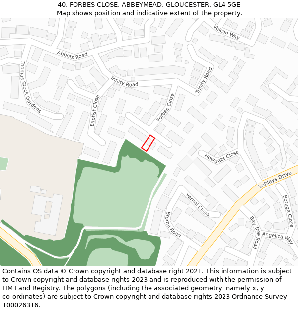 40, FORBES CLOSE, ABBEYMEAD, GLOUCESTER, GL4 5GE: Location map and indicative extent of plot
