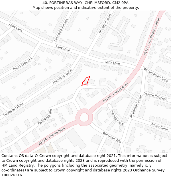 40, FORTINBRAS WAY, CHELMSFORD, CM2 9PA: Location map and indicative extent of plot