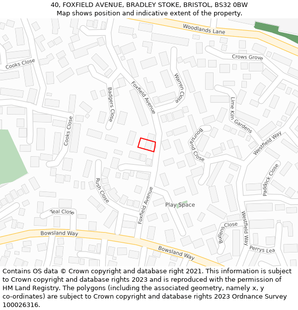 40, FOXFIELD AVENUE, BRADLEY STOKE, BRISTOL, BS32 0BW: Location map and indicative extent of plot