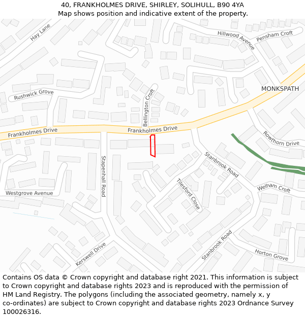 40, FRANKHOLMES DRIVE, SHIRLEY, SOLIHULL, B90 4YA: Location map and indicative extent of plot