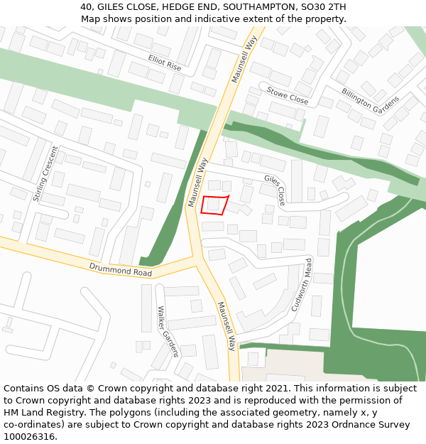 40, GILES CLOSE, HEDGE END, SOUTHAMPTON, SO30 2TH: Location map and indicative extent of plot