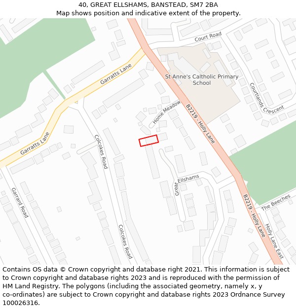 40, GREAT ELLSHAMS, BANSTEAD, SM7 2BA: Location map and indicative extent of plot