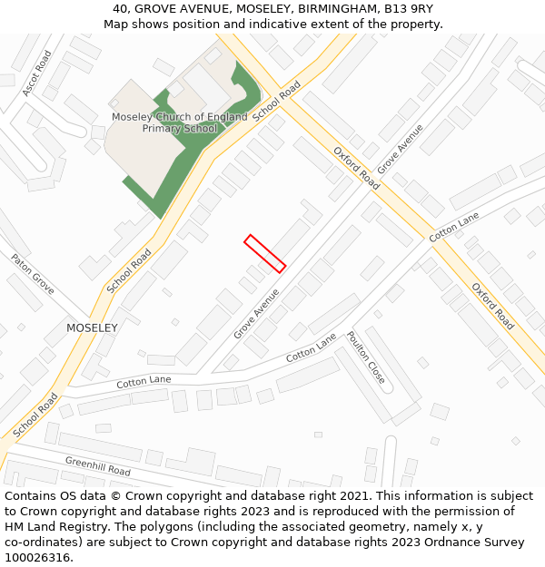 40, GROVE AVENUE, MOSELEY, BIRMINGHAM, B13 9RY: Location map and indicative extent of plot
