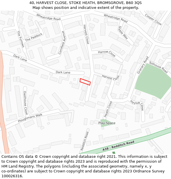 40, HARVEST CLOSE, STOKE HEATH, BROMSGROVE, B60 3QS: Location map and indicative extent of plot