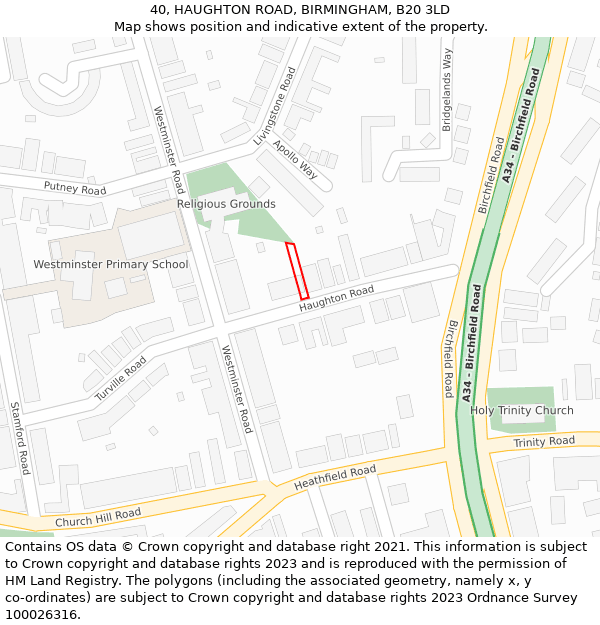 40, HAUGHTON ROAD, BIRMINGHAM, B20 3LD: Location map and indicative extent of plot