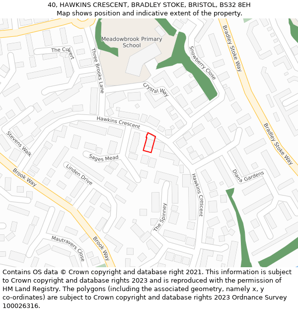 40, HAWKINS CRESCENT, BRADLEY STOKE, BRISTOL, BS32 8EH: Location map and indicative extent of plot