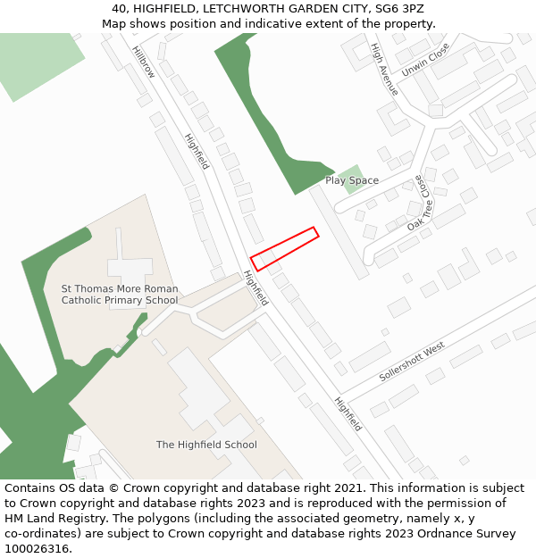 40, HIGHFIELD, LETCHWORTH GARDEN CITY, SG6 3PZ: Location map and indicative extent of plot